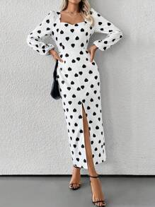 SHEIN Unity Robe longue élégante aux femmes avec motif cœur et fente au bas - Blanc - Voir 4