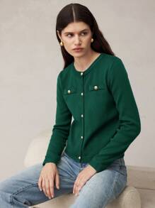 BizChic 女士纯色优雅圆领长袖开衫毛衣外出上衣秋季毛衣 - 墨綠色 - 查看 5