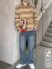 Manfinity CasualKnits Men Striped Print Zip Up Cardigan With Pockets, Casual Long Sleeve - Multicolor - View 6