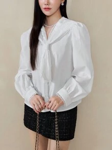 EastFlair Women's French Lace Trim Naval Collar Blouse