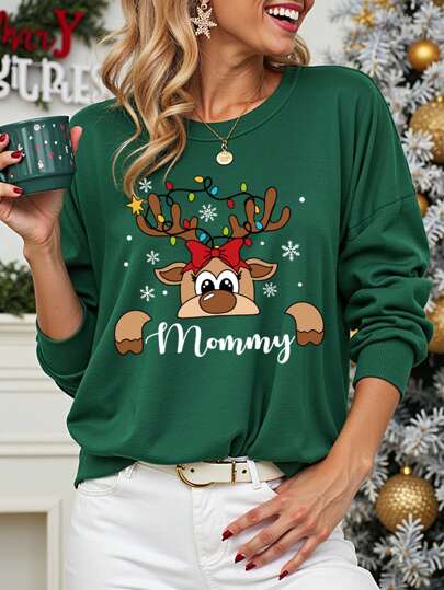SHEIN Christmas Women Fashion Casual Reindeer, Christmas Lights, Snowflake Pattern, Slogan Letter Print Round Neck Fleece Sweatshirt, Suitable For Christmas Family Party, Autumn/Winter Pullover Fall Outfit