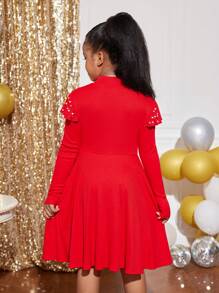 SHEIN Tween Girls Christmas Casual Solid Color Knitted Crew Neck Long Sleeve Dress - Red - View 2