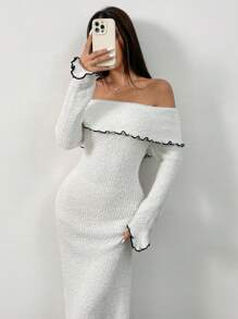 Chiquease Asymmetrical Ruffle Cuff Winter Women Long Off Shoulder Textured Casual Black Trim Knit Dress Fall Cloth For Women