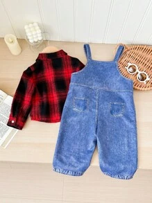 SHEIN Baby Boy 2pcs/Set Casual Daily Raglan Red Plaid Shirt & Denim Effect Suspender Pants Two-Piece Set, Suitable For Autumn/Winter Wear, Indoor And Outdoor