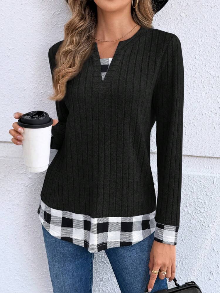 1pc Women's Casual Plaid Patchwork Keyhole Neck 2 In 1 T-Shirt, Autumn Season