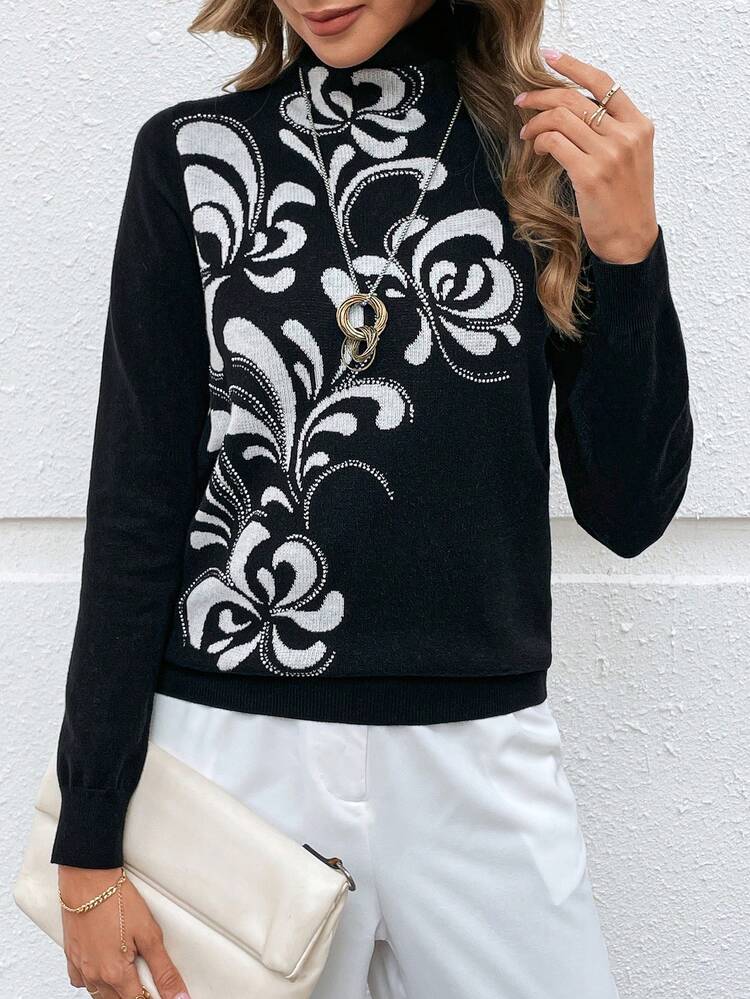 Women Floral Pattern Casual Long Sleeve Sweater With High Collar Winter