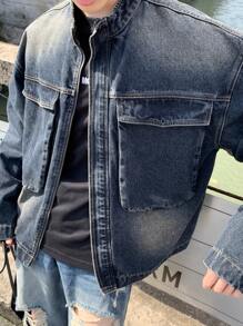 Claim Dot 深蓝色洗水宽松休闲深色牛仔夹克男士外出 - 深色水洗藍 - 查看 6