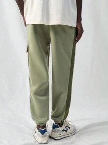 Manfinity VCAY 男士针织休闲宽松松紧腰直筒裤，外出慢跑长款拼色裤，送给老公、男朋友的礼物 - 軍綠色 - 查看 2