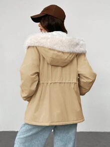 SHEIN EZwear Women New Solid Color Fluffy Patchwork Thermal Lined Hooded Short Padded Coat For Winter - Khaki - View 4