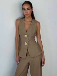 Aloruh 女士两件套西装，休闲办公室通勤商务正装背心和裤子套装，秋冬新品 - 卡其色 - 查看 4