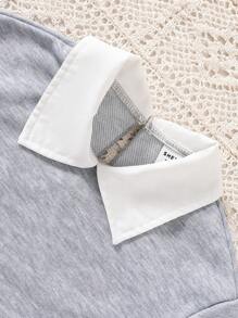 SHEIN 2 件套年轻女孩休闲毛绒领运动衫和褶皱格子裙，适合春秋季节 - 淺灰色 - 查看 4