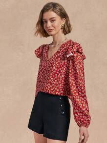 SHEIN Unity Women's Elegant Long Sleeve Ruffle Trim Floral Print Blouse Fall Cloth For Women - Red - View 6