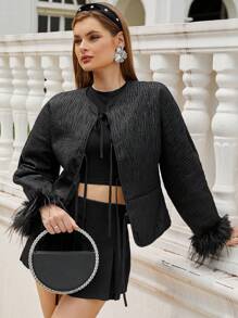 Aveloria Rosie Chaqueta corta acolchada ligera con puño de peluche, estilo patchwork y nudo delantero para mujer, estilo joven y casual, para otoño/invierno