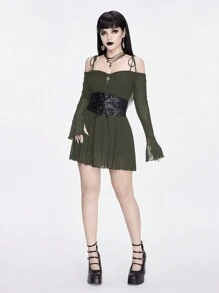 ROMWE Goth Sexy Off Shoulder Twist Mesh Cross Pendant Bodycon Dress - Army Green - View 3