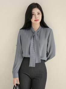 DAZY Casual Business Solid Color Tie Collar Women Blouse,Long Sleeve Tops - Blue - View 4