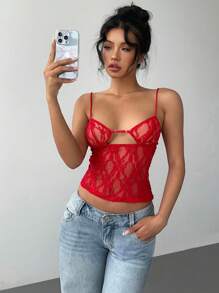 Aloruh Women's Red Lace Cami Top Sexy Camisole Top Solid Color Hollow Lace Slim Camisole