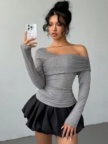 Aloruh Women Elegant Sexy Office & Casual Asymmetrical Neck Ruched Slim Fit Long Sleeve 
Off The Shoulders Grey T-Shirt - Grey - View 8