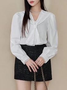 EastFlair Women's French Lace Trim Naval Collar Blouse