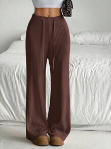 SHEIN EZwear Brown Drawstring Rib Knit Straight Leg Casual Sweatpants - Brown - View 1