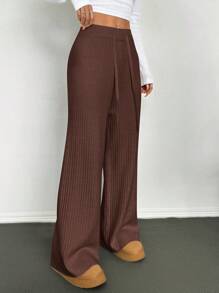SHEIN EZwear Brown Drawstring Rib Knit Straight Leg Casual Sweatpants - Brown - View 5
