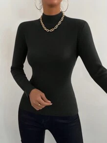 Chiquease 女士纯色保暖加厚高领休闲套头毛衣，长袖针织衫，秋冬款 - 黑色 - 查看 5
