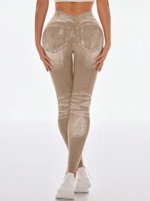 Gameset SHEIN Sport 女式高腰修身基本款紧身裤，适合日常休闲穿着的瑜伽裤 - 卡其色 - 查看 3