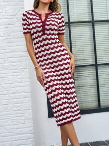 INAWLY Robe-pull longue ajustée à la mode avec col rond, manches courtes, boutons, rayures sinueuses pour femmes en automne