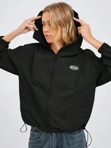 Muchica 休闲宽松街头实用防水连帽拉链夹克，常规款式，秋冬 - 黑色 - 查看 8