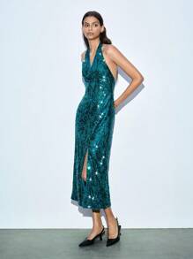 Maija Elegantes und sexy Damen Abendkleid mit Pailletten, hohem Schlitz und rückenfrei, Neckholder lang für Partys - Grün - Übersicht 9