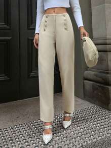 RueChic Urban Style Cigarette Shape Crop Pants With Button Detailed For Everyday - Beige - View 1