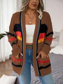 Calvaya Plus Size Women Striped Drop Shoulder Long Sleeve Pocket Casual Cardigan, Autumn/Winter