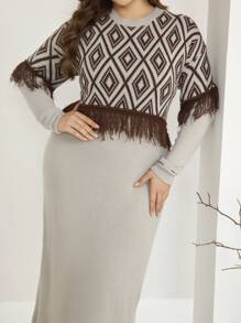Mulvari Plus Size Women Elegant Geometric Pattern Contrast Fringe Trim Drop Shoulder Loose Sweater Dress, For Winter
