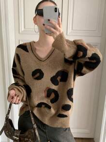 DAZY Women V-Neck Long Sleeve Leopard Pattern Detail Casual Pullover Sweater,Fall Clothes - Brown - View 1