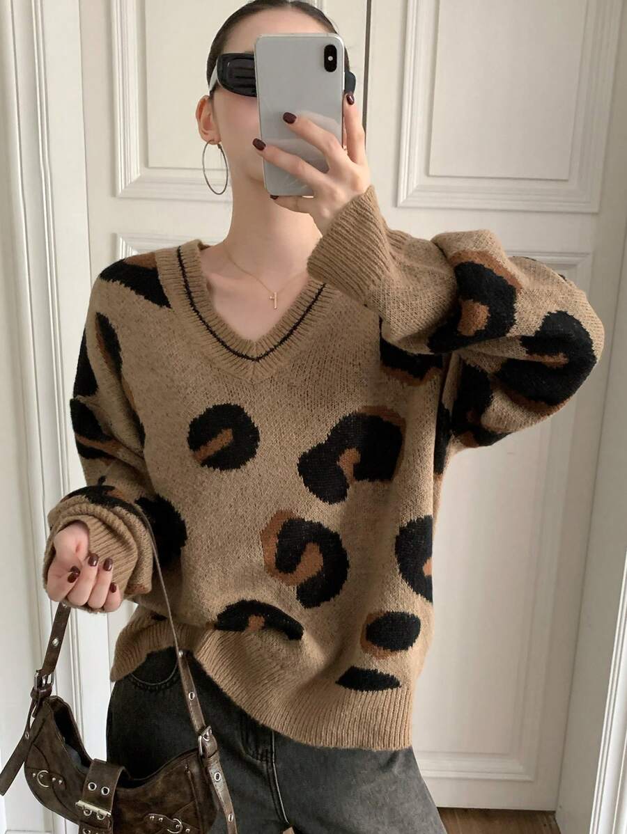 DAZY Women V-Neck Long Sleeve Leopard Pattern Detail Casual Pullover Sweater,Fall Clothes - Brown - View 1