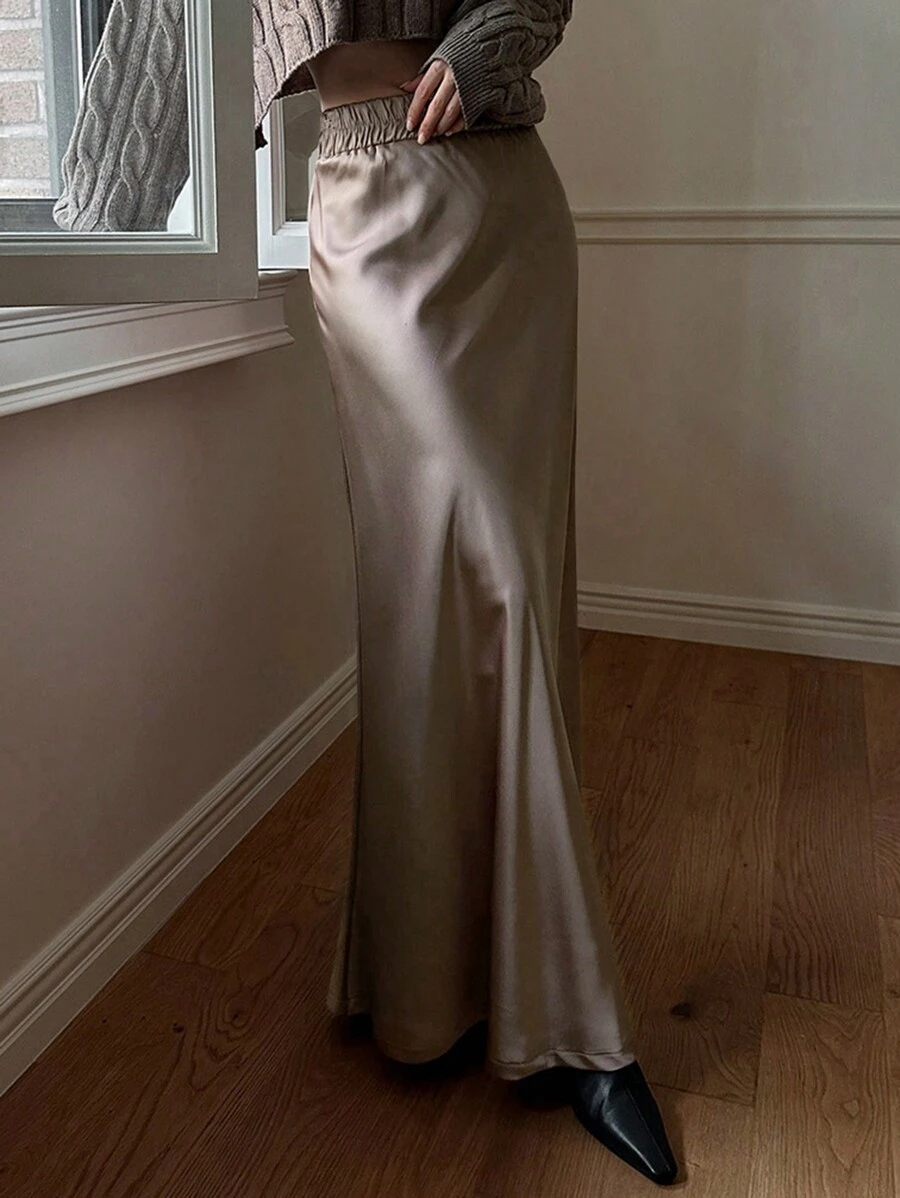 DAZY Váy dài thanh lịch bằng vải satin cho nữ - màu nâu - Xem 1