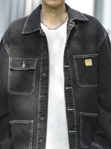 Manfinity Hypemode Men Solid Color Plain Patch Pockets Front Button Closure Long Sleeve Korean Fashion Dark Denim Jacket, For Going Out, Fall - Black - View 7