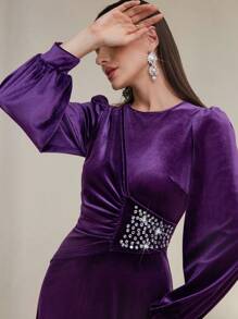 Modelyn Women Round Neck Long Sleeve Rhinestone Decor Casual Long Arabian Modest Dress Long Evening Dresses