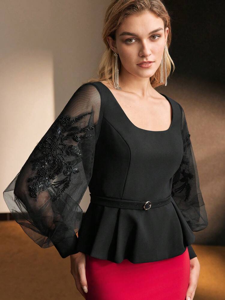 MOTF Soiréza SEQUIN EMBROIDERY SHEER MESH LANTERN SLEEVE SCOOP NECK BUCKLE BELTED PEPLUM TOP