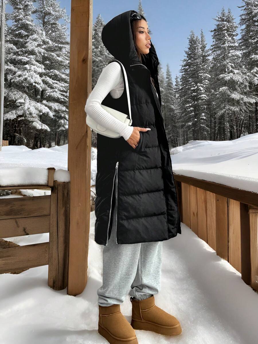 SHEIN EZwear Women's New Solid Color Hooded Sleeveless Mid-Length Down& Feathers Vest With Pockets, Winter - Black - View 1