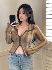 DAZY 女士拉链拼接拼色开衫，长袖，秋冬，秋季女装 - 珊瑚橙 - 查看 10