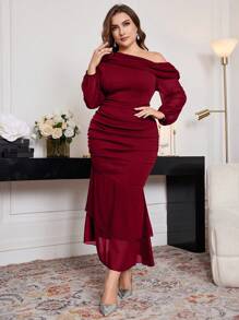 Modelyn Vestido asimétrico de cola de pez de unicolor elegante talla grande, para primavera/otoño, vestidos ajustado elegantes para fiesta de noche/invitada de boda/aniversario, vestido largo burdeos maxi para mujer