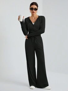 SHEIN Tall 休闲街头灰色连帽中前拉链紧身上衣+阔腿裤两件套 - 黑色 - 查看 6