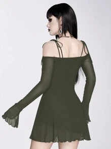 ROMWE Goth Sexy Off Shoulder Twist Mesh Cross Pendant Bodycon Dress - Army Green - View 2
