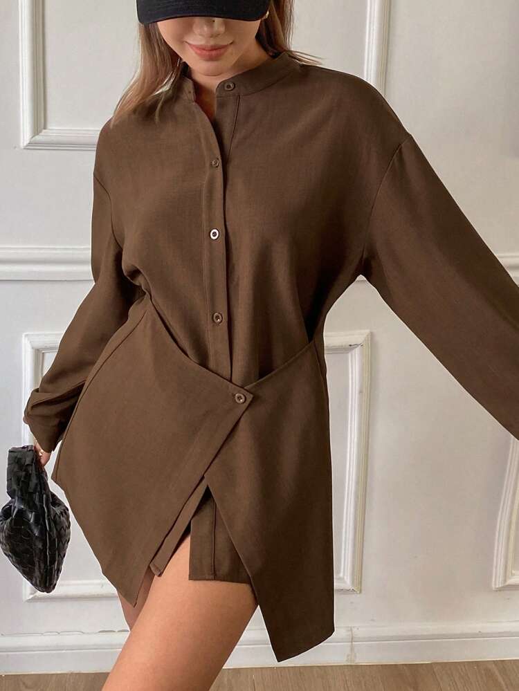 Women Casual Solid Color Long Sleeve Stand Collar 2 In 1 Long Loose Blouse, Spring,Fall Clothes,Back To School Clothes