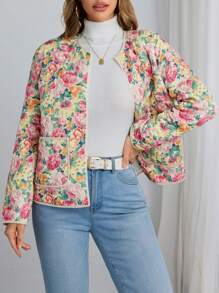 SHEIN VCAY 女士花卉印花长袖口袋短款夹棉外套，冬季 - 黃色 - 查看 5