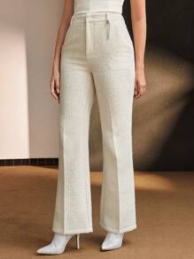 MOTF PREMIUM 粗花呢纯色缝线喇叭裤 - 杏色 - 查看 7