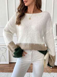 SHEIN LUNE 1pc Soft & Relaxed Chunky Contrast Color Loose Knit Sweater, Autumn/Winter Knit Pullover Fall - Multicolor - View 3