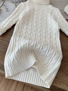 SHEIN 女宝宝秋冬针织高领长袖毛衣裙配帽子套装，可爱纹理白色