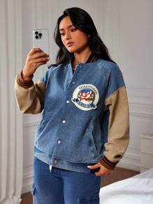 SHEIN ICON Damen Lässig Kontrast Farbblock Patchwork Emblem Denim Jacke, Herbst
