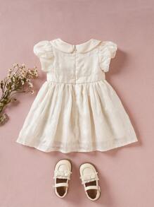 SHEIN 女婴时尚休闲刺绣网布连衣裙 - 杏色 - 查看 8